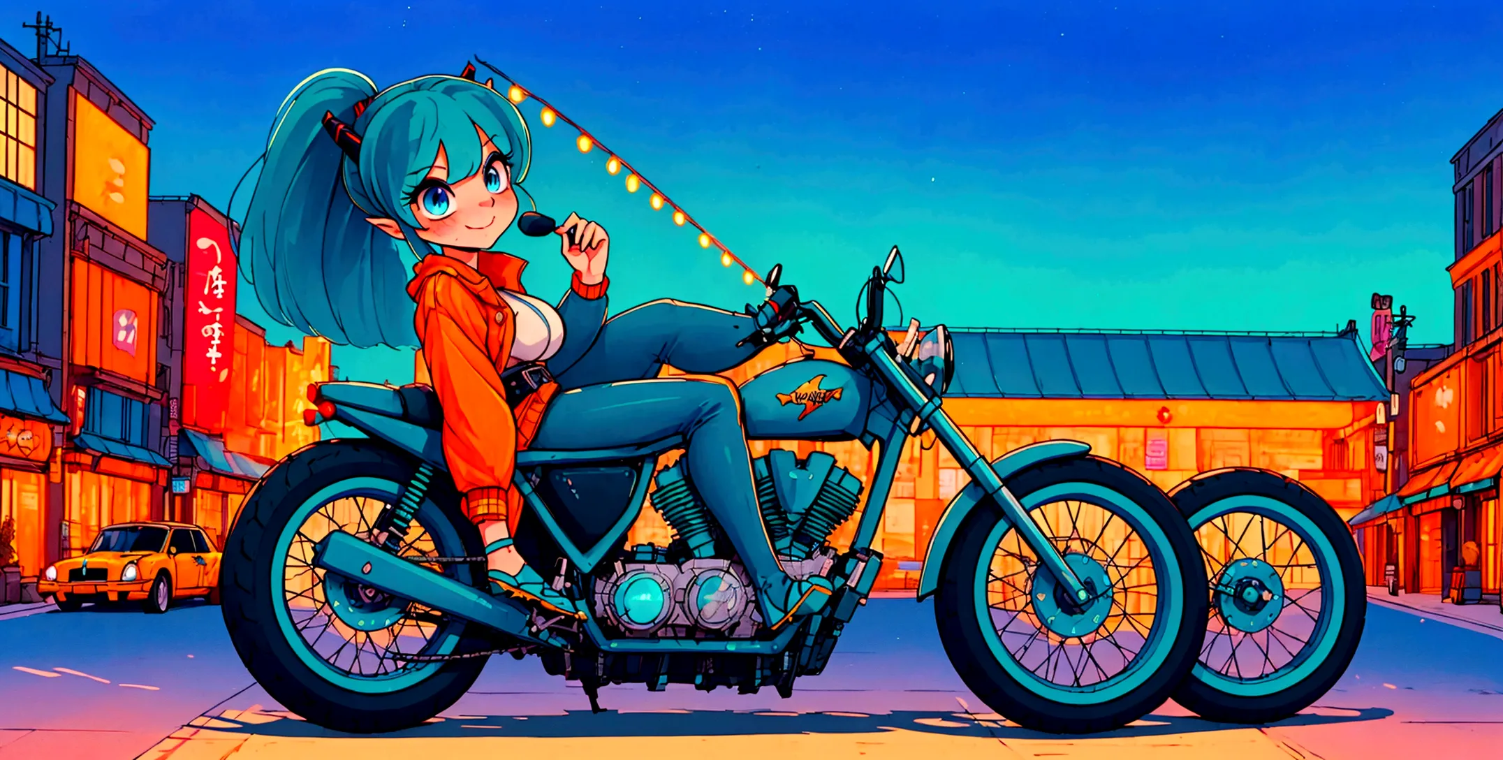 (score_9, score_8_up, score_7_up), lum, solo, long hair, bangs, blue hair, blue eyes, aqua hair, horns, eyeshadow, large breasts...