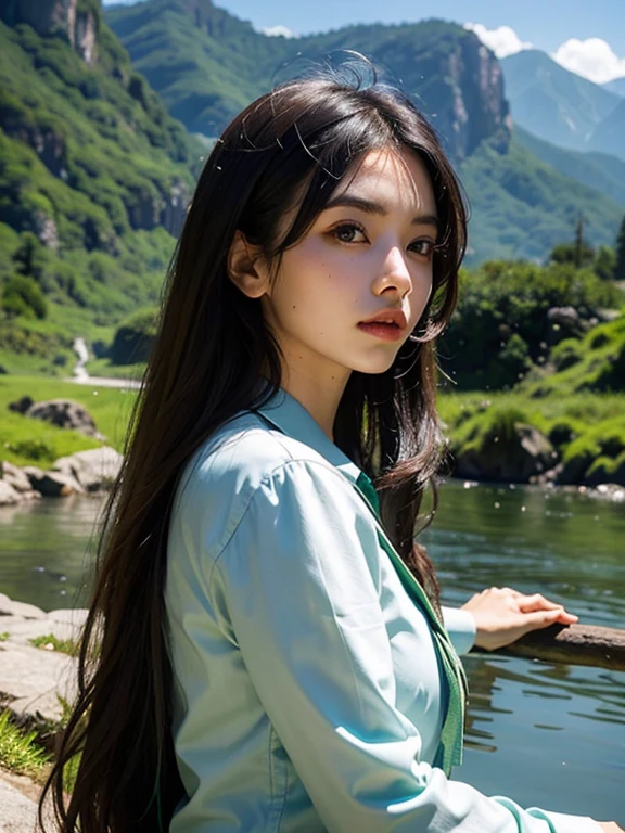 suit, long hair, girl, big eyes, green mountains and green water,