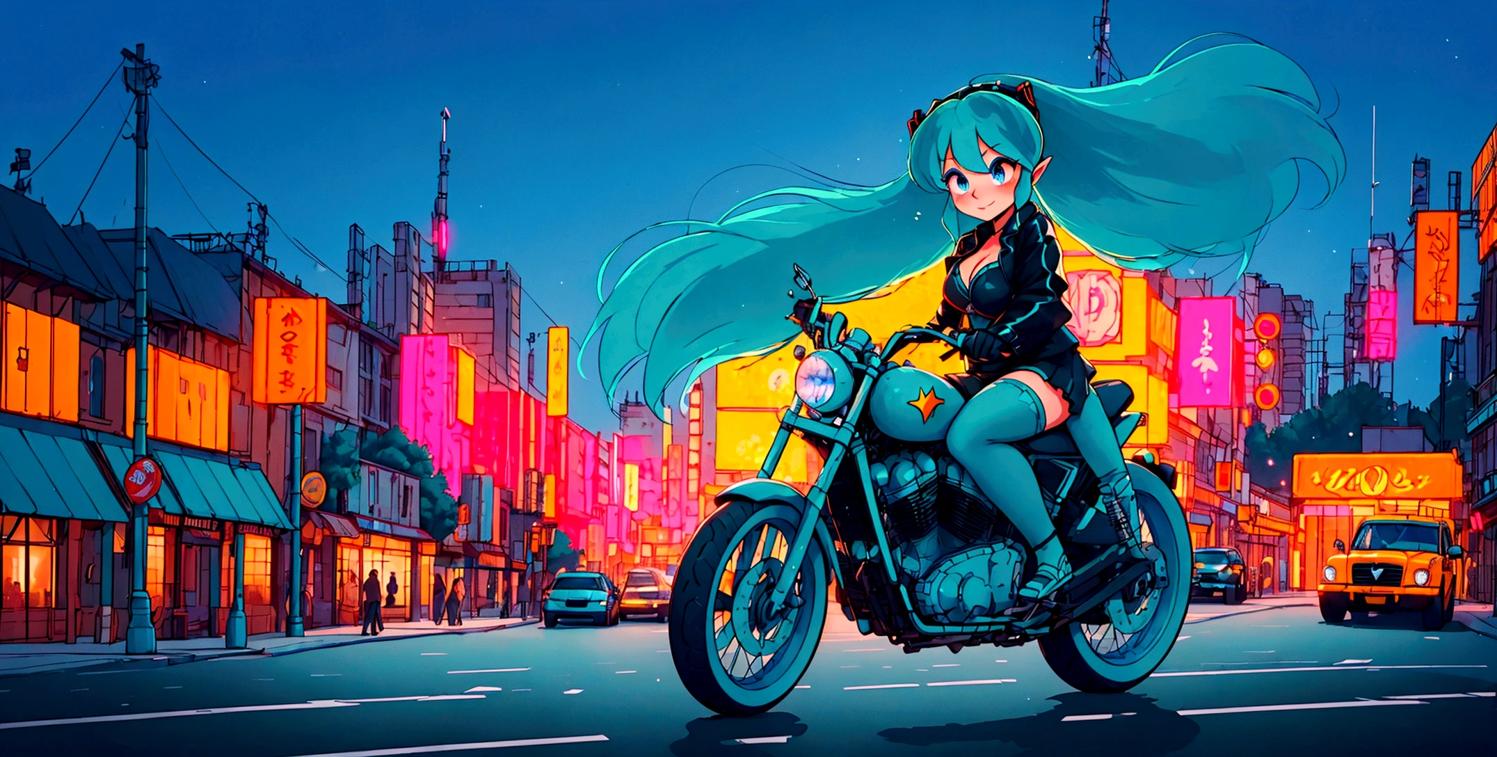 (score_9, score_8_up, score_7_up), lum, solo, long hair, bangs, blue hair, blue eyes, aqua hair, horns, eyeshadow, large breasts, looking at viewer, blush, a person riding a motorcycle, no helmet, leather jacket, hair blowing in the wind, on an overpass, neon city lights, left hand on the handlebar, (best quality,4k,8k,highres,masterpiece:1.2),ultra-detailed,detailed face and eyes, highly detailed, cinematic lighting, vibrant colors, dramatic atmosphere, motion blur, depth of field, pleasure on her face, bliss, mischievous smirk, intricate detailed facial features, high quality, 8k, beautiful detailed eyes, beautiful detailed lips, extremely detailed face, long eyelashes, vibrant colors, warm lighting, cinematic composition, dreamy atmosphere, fantasy, whimsical, magical realism, close-up motorcycle, from side, (full body),