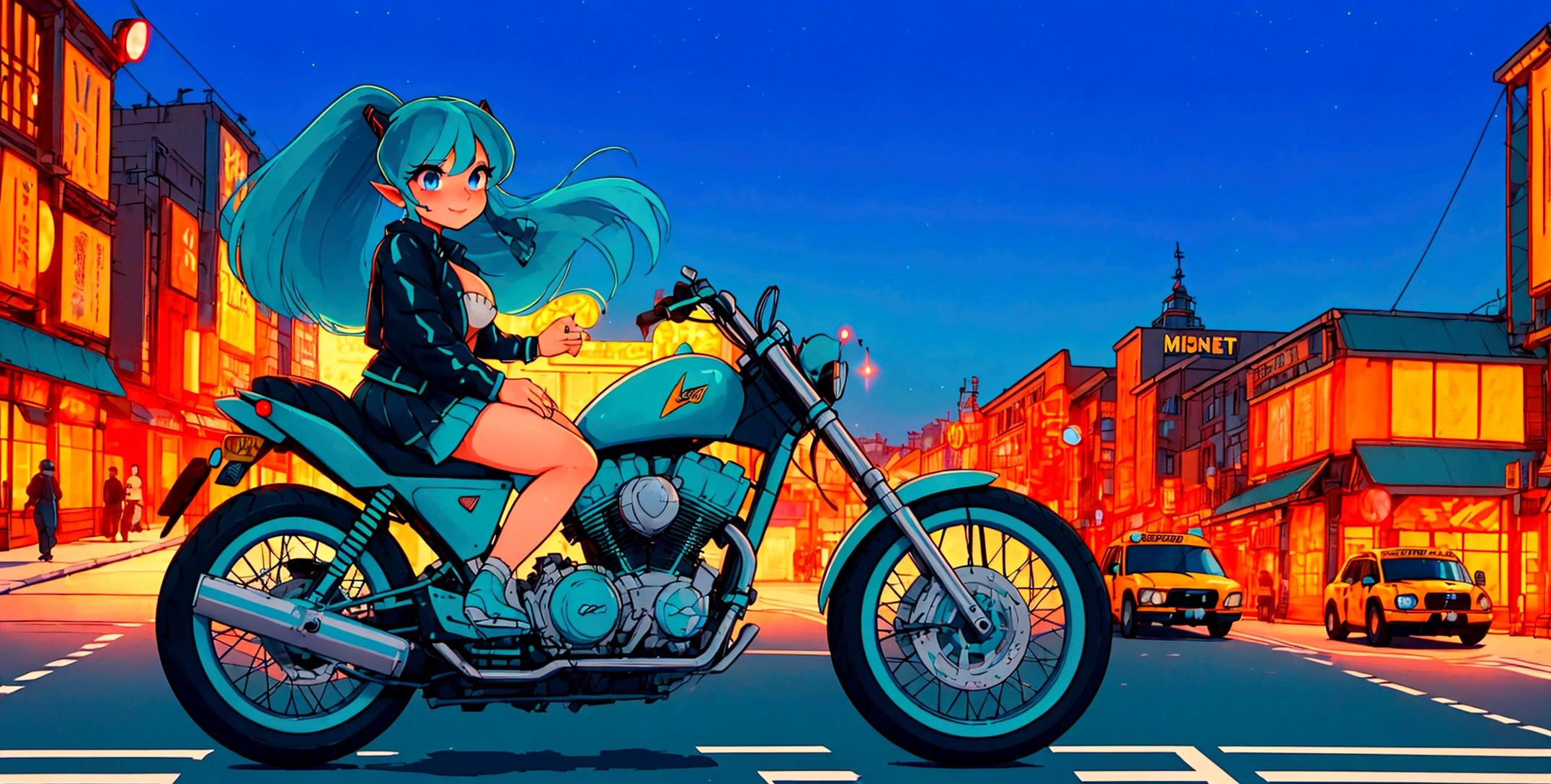(score_9, score_8_up, score_7_up), lum, solo, long hair, bangs, blue hair, blue eyes, aqua hair, horns, eyeshadow, large breasts, looking at viewer, blush, a person riding a motorcycle, no helmet, leather jacket, hair blowing in the wind, on an overpass, neon city lights, left hand on the handlebar, (best quality,4k,8k,highres,masterpiece:1.2),ultra-detailed,detailed face and eyes, highly detailed, cinematic lighting, vibrant colors, dramatic atmosphere, motion blur, depth of field, pleasure on her face, bliss, mischievous smirk, intricate detailed facial features, high quality, 8k, beautiful detailed eyes, beautiful detailed lips, extremely detailed face, long eyelashes, vibrant colors, warm lighting, cinematic composition, dreamy atmosphere, fantasy, whimsical, magical realism, close-up motorcycle, from side, (full body),