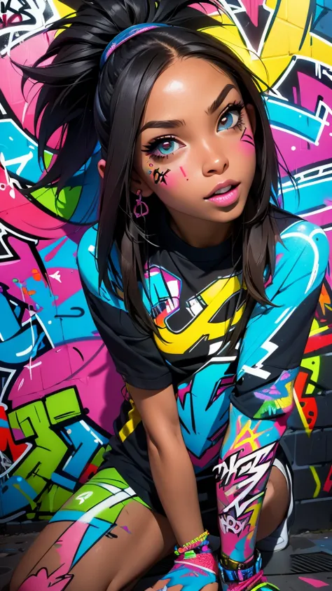 (best quality), (high detail), (vivid colors), (graffiti style), (freestyle), (close up), (1girl), young sexy female graffiti ar...