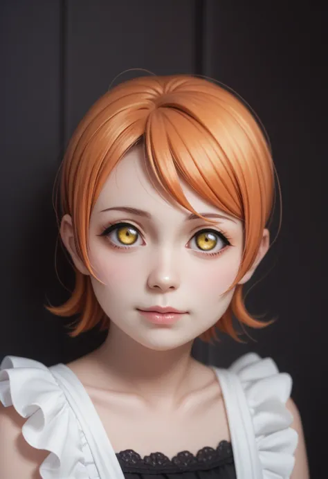 (​best quality,highres,masterpiece),solo, realistic art,hoshizora rin love live, orange hair, yellow eyes, realistic doll, horro...