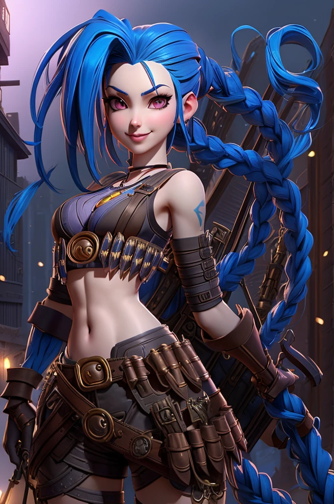 close up 1girl in, Jinx, league of legends, teenager, Solo, long ponytails, blue hair, super long blue hair, pale skin, full medium breasts, cleavage, runners body, (thin hips, thin waist: 1.25), (arched back:1.12), detailed skin, neutral face, mischievous smile, revealing clothes, (wearing cropped chest armor, armored short shorts, armored boots: 1.1), (detailed steampunk city background:1.1), dark rooftop, overlooking apocalyptic city, 4k textures, soft light, elegant, highly detailed, sharp focus, soothing tones, insane details, intricate details, hyperdetailed, low contrast, exposure blend, hdr, faded
