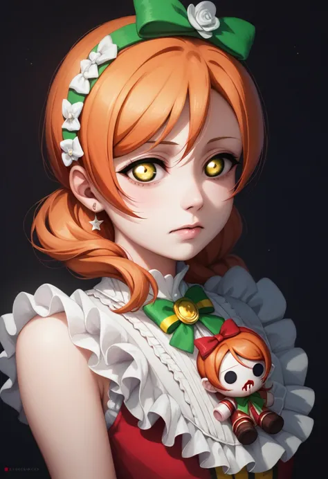 (​best quality,highres,masterpiece),solo, realistic art, upper body,hoshizora rin love live, orange hair, yellow eyes, doll, hor...