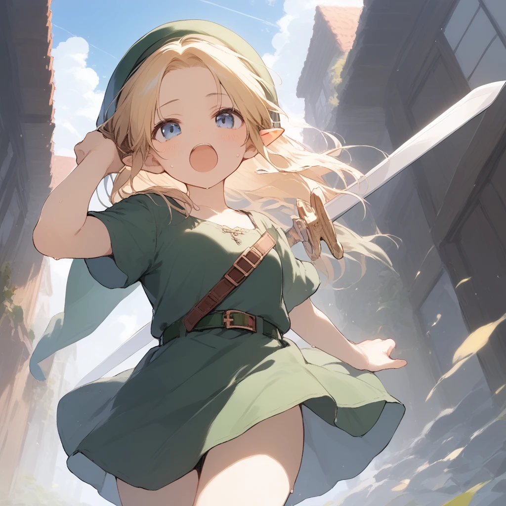 score_9, score_8_up, score_7_up, source_anime, best quality, masterpiece, official art, absurdres, highres, ultra-detailed,waifu2x,Collection: Slice of Life,break,1girl, YoungLink, small breasts, blonde hair, green tunic, pointy ears, hat, solo, blue eyes,green_headwear belt, sword, sweat, open mouth, (yawn:0.3), sleepily, outdoors, wind,break,(clear line illustration:1.2), super detailed skin,very high resolution, very aesthetic, Best sexual lighting powered by famous artist, 8k,cute picture,beauty illustration,photoshop_(medium),,(Detailed Lighting),best anime 8k konachan wallpaper, pixiv contest winner, 