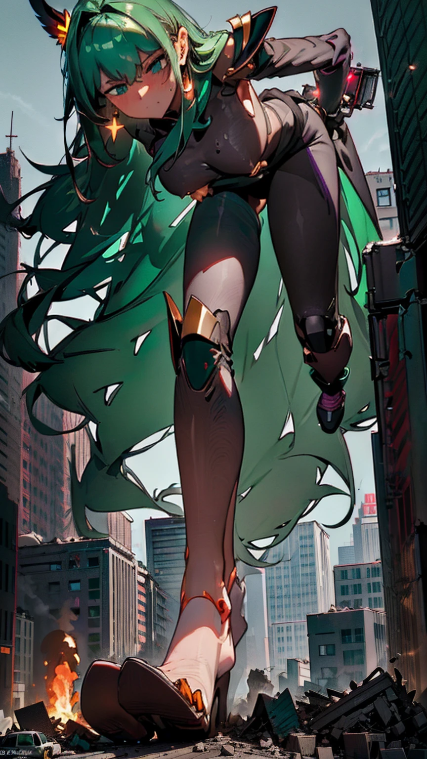 Amongst towering skyscrapers, the Giantess Goddess with obsidian-black skin and glowing green eyes stands tall. Normal-sized humans scatter in terror as she steps forward, each tremor causing buildings to collapse. She plucks people from the streets, savoring their panic and pain.

