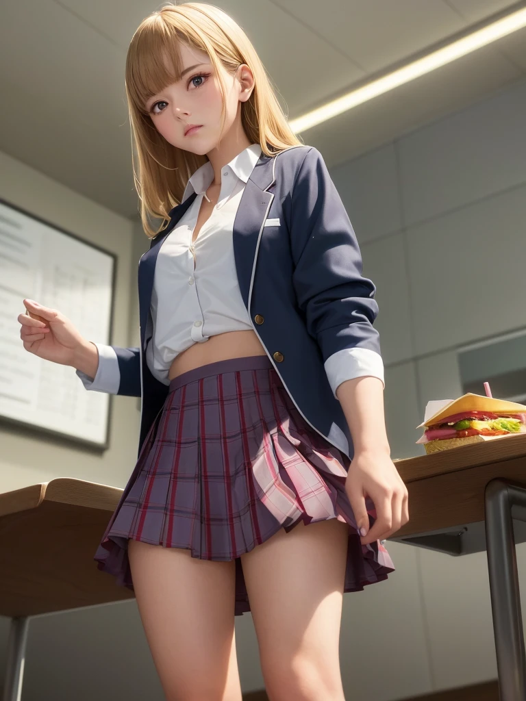 One girl, masterpiece, Highest quality, girly, Look at the viewers, ((She is pulling up her shirt)), At work,(Sometimes naked:70% or Pleated check skirt and blazer:20%), Light from above,  ((looks upset)), School, internal, classroom. Spread your legs, half naked ,(McDonald&#39;s employee uniform:1.2),(Screwing the penis into the vagina)