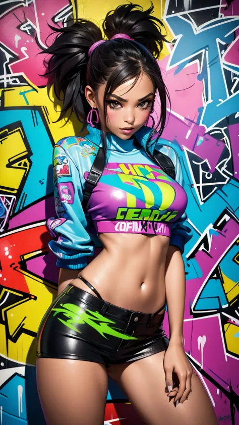 (best quality), (high detail), (vivid colors), (graffiti style), (freestyle), (close up), (1girl), young sexy female graffiti ar...