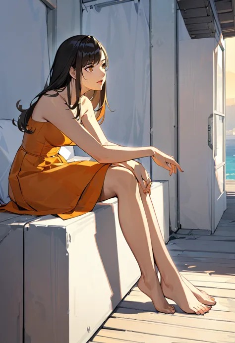 A very beautiful woman, orange skirt, sitting, barefoot