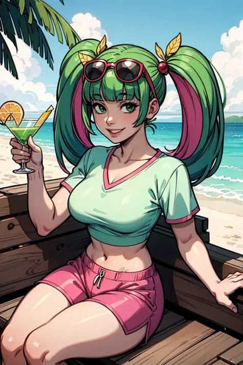 vramszoey, green hair, blunt bangs, multicolored hair, twintails, hair ornament, shirt, multicolored clothes, midriff, pink shor...