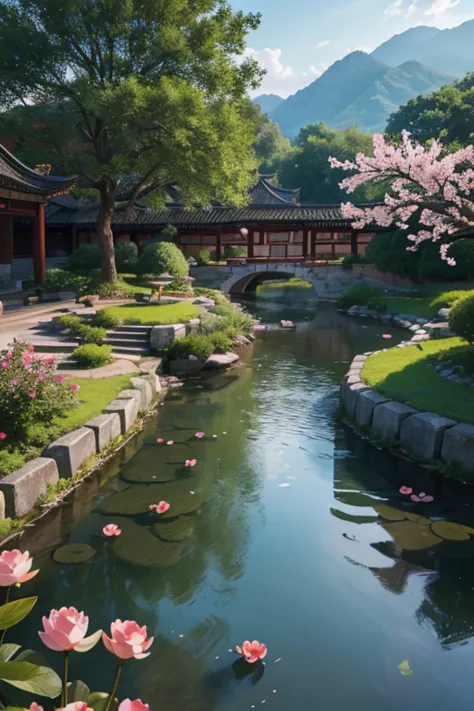 bird eye of a beautiful detailed peach blossom garden in ancient china, lush peach trees in full bloom, intricate stone bridges,...