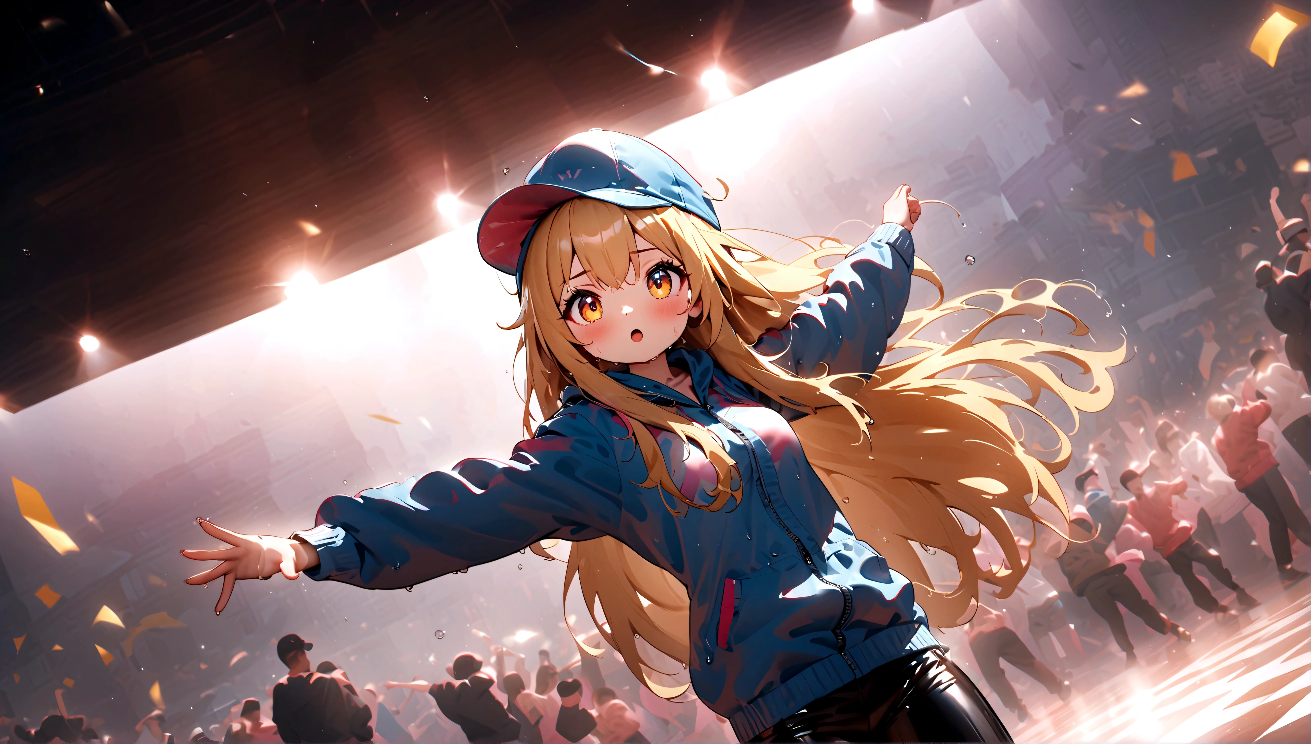 quality\(8k,wallpaper of extremely detailed CG unit, ​masterpiece,hight resolution,top-quality,top-quality real texture skin,hyper realisitic,increase the resolution,RAW photos,best qualtiy,highly detailed,the wallpaper,cinematic lighting,ray trace,golden ratio\), BREAK ,1girl\(young,long hair,cute,wet hair, blonde,wet clothes,wet skin,big eyes,cosmic eyes, breast, street fashion, hat, wet, wiping water,(street dance battle:1.8)\) , heavy rain, spectators all around,on the street,at night,motion blur,(dynamic pose:1.3),(dynamic angle:1.5),long shot