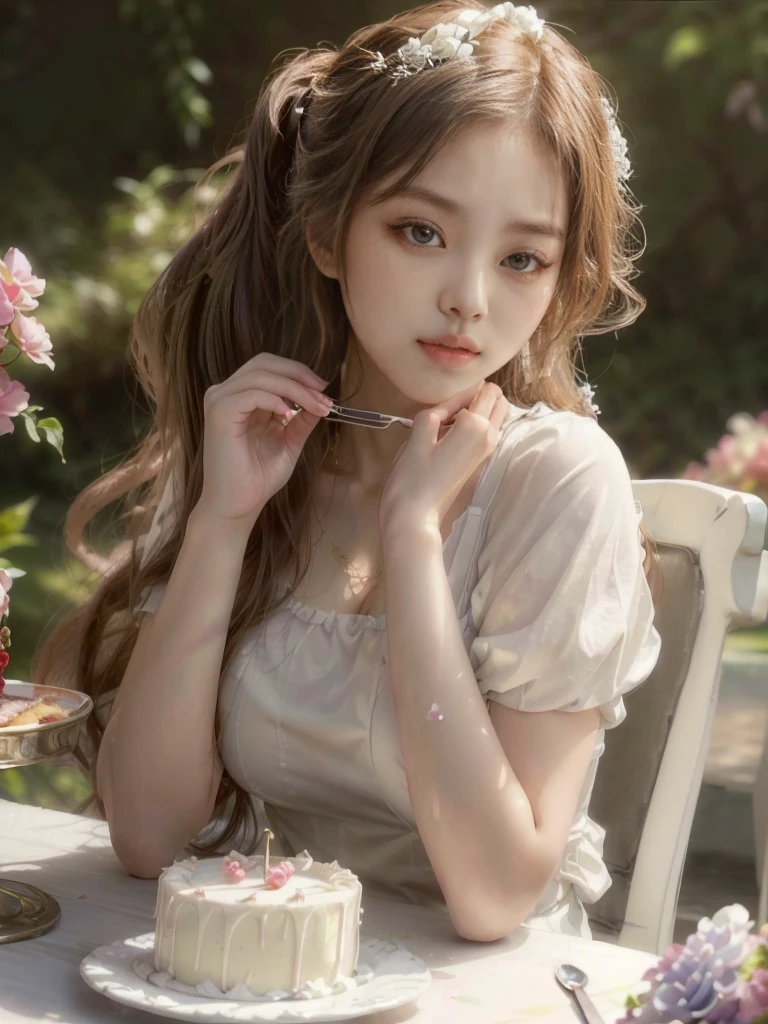 There is a sexy woman with big breasts and a deep neckline sitting at a table with a cake and a spoon in her hand, long hair tied in a ponytail, young and cute girl, a stunning young ethereal figure, cute young girl, ulzzang, Beautiful young, ethereal beauty, a cute young woman, cute young woman, white hime cut hairstyle, korean girl, with long hair and piercing eyes, realistic painting cute girl, beautiful delicate face