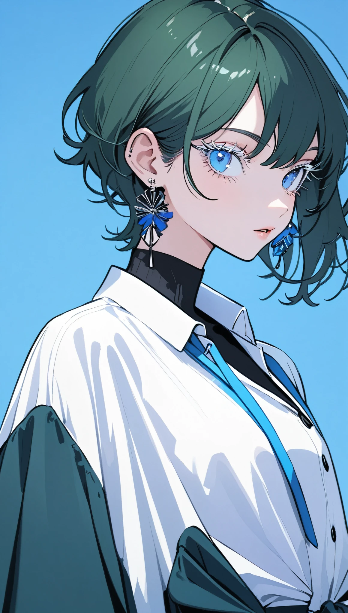 The Minimalists，Fashion Girl，Dark green hair，Blue Background，Wearing special earrings，Clear eyelashes，Bright blue eyes