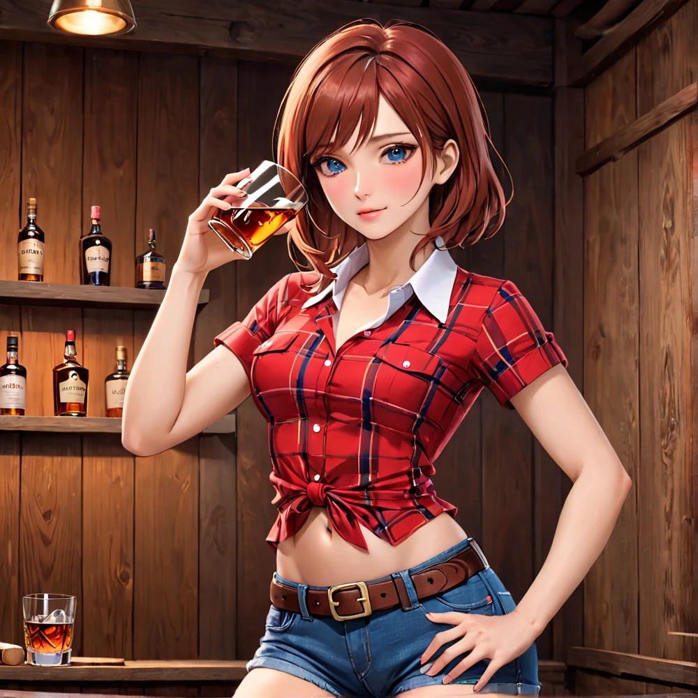 (((Being a single woman:2.0))),(((NSFW:0.5))),(((Wear denim hot pants:1.5))),(((Wear a red checked short-sleeved collared shirt:1.5))),(((Wear a gun belt with a holster:1.8))),,((Wear a watch on your wrist:1.5))),(((Showing cleavage))),(((Exposed thin inner thighs))),(((Small breasts:1.5))),(((Navel exposed:1.5))),(((Bare arms))),(((Put on your boots:1.5))),((Blushed:1.8)), Beautiful detailed girl, Very detailed目と顔, 緻密でBeautiful Eyes, Very detailed, High resolution, Highest quality, masterpiece, Very detailed, 8k wallpaper, wonderful, finely, Highest quality,(Standing in front of a wooden wall),Beautiful Eyes,((Engage your audience:1.5))),((Drinking whiskey:1.4)),(((Drunk:1.8))),(((Crying face:1.2))),(((Touch your chest with your left hand:1.2)))