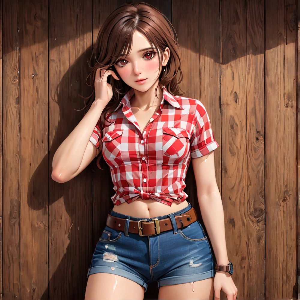 (((Being a single woman:2.0))),(((NSFW:0.5))),(((Wear denim hot pants:1.5))),(((Wear a red checked short-sleeved collared shirt:1.5))),(((Wear a gun belt with a holster:1.8))),,((Wear a watch on your wrist:1.5))),(((Showing cleavage))),(((Exposed thin inner thighs))),(((Small breasts:1.5))),(((Navel exposed:1.5))),(((Bare arms))),(((Put on your boots:1.5))),((Blushed:1.8)), Beautiful detailed girl, Very detailed目と顔, 緻密でBeautiful Eyes, Very detailed, High resolution, Highest quality, masterpiece, Very detailed, 8k wallpaper, wonderful, finely, Highest quality,(Standing in front of a wooden wall),Beautiful Eyes,((Engage your audience:1.5))),((Drinking whiskey:1.4)),(((Drunk:1.8))),(((Crying face:1.5))),(((Touch your chest with your left hand:1.2)))