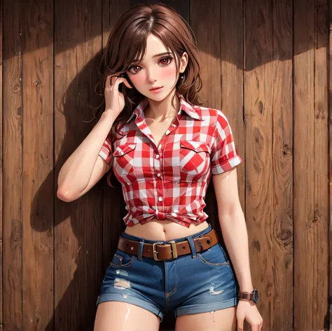 (((being a single woman:2.0))),(((nsfw:0.5))),(((wear denim hot pants:1.5))),(((wear a red checked short-sleeved collared shirt:...