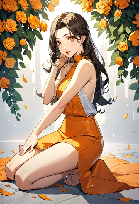 A very beautiful woman, orange skirt, kneeling, barefoot