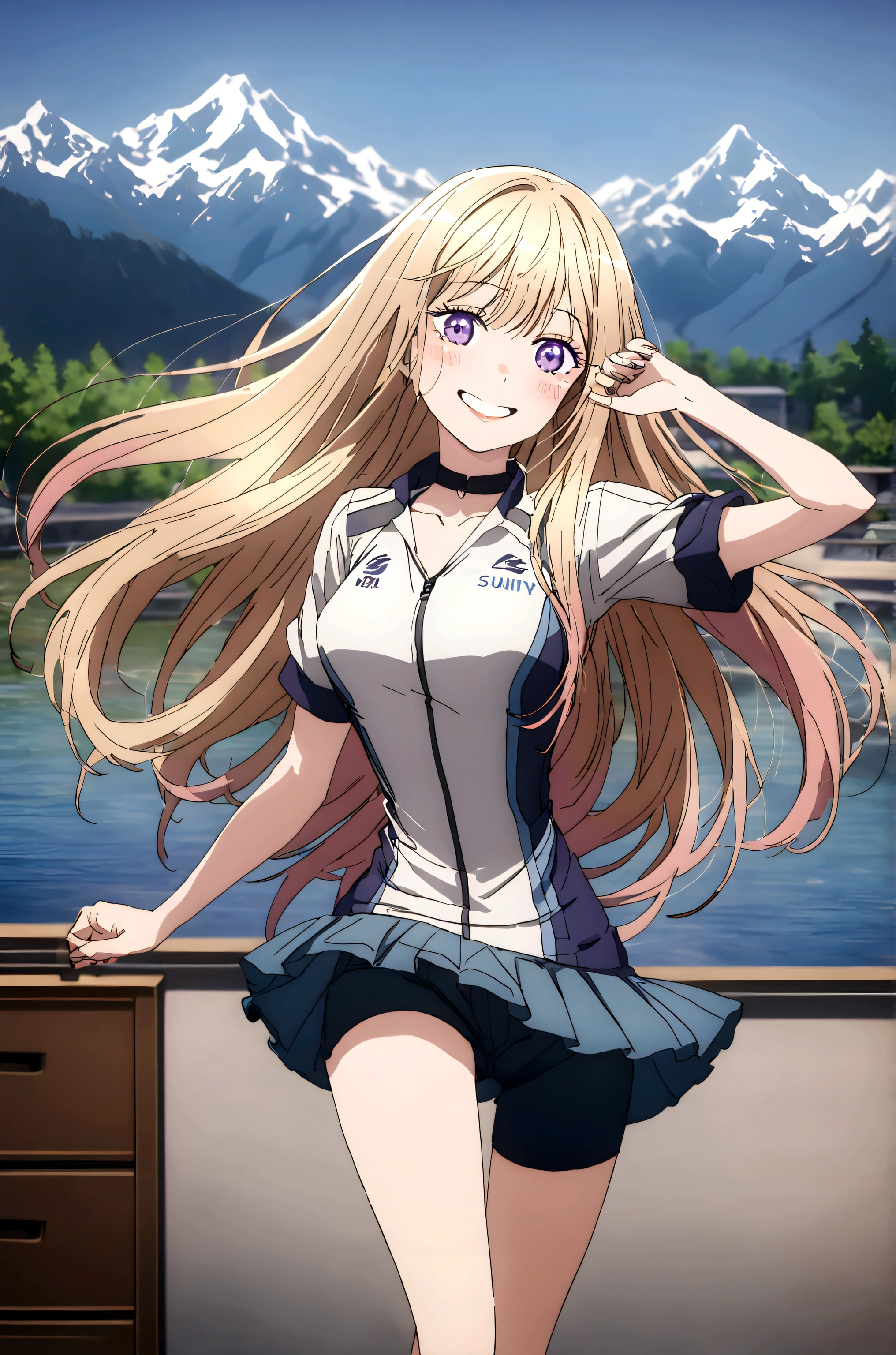 Create an image of a young woman with long, flowing blonde hair and captivating purple eyes. She is smiling warmly and has a light blush on her cheeks. She wear short sleeve cycling jersey. half cycling pants, outdoor, beautiful mountain field, blue sky, standing, exuding a friendly and approachable demeanor.
