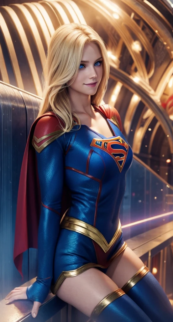 角色“女超人”, 完美的服装, 闪亮的蓝眼睛, 极其美丽的金发, 美丽的笑容 , 完美的身体结构和极其美丽的脸庞 