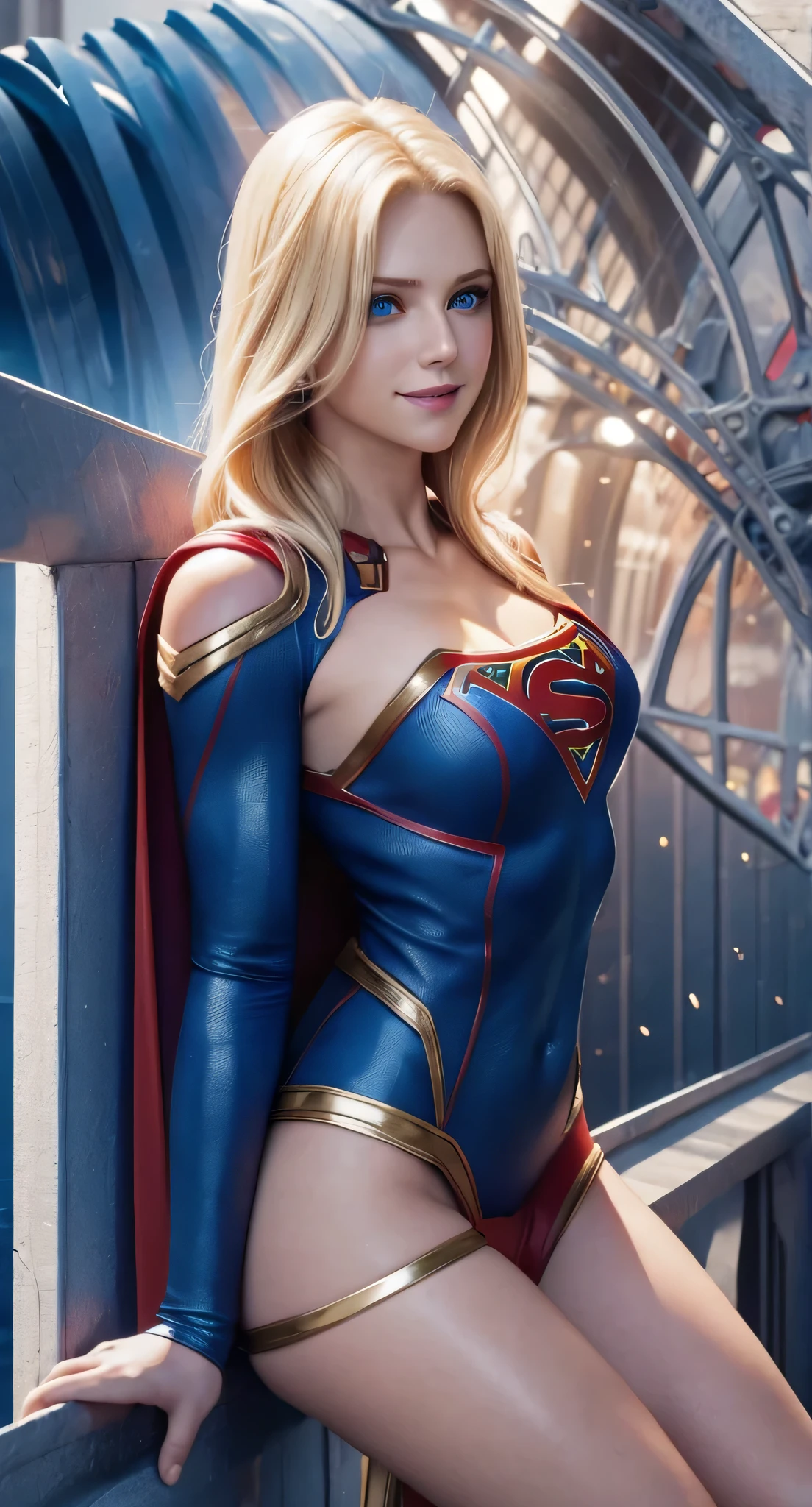 Le personnage Supergirl, costume parfait, yeux bleus brillants, cheveux blonds extrêmement beaux, beau sourire , anatomie parfaite et visage extrêmement beau 