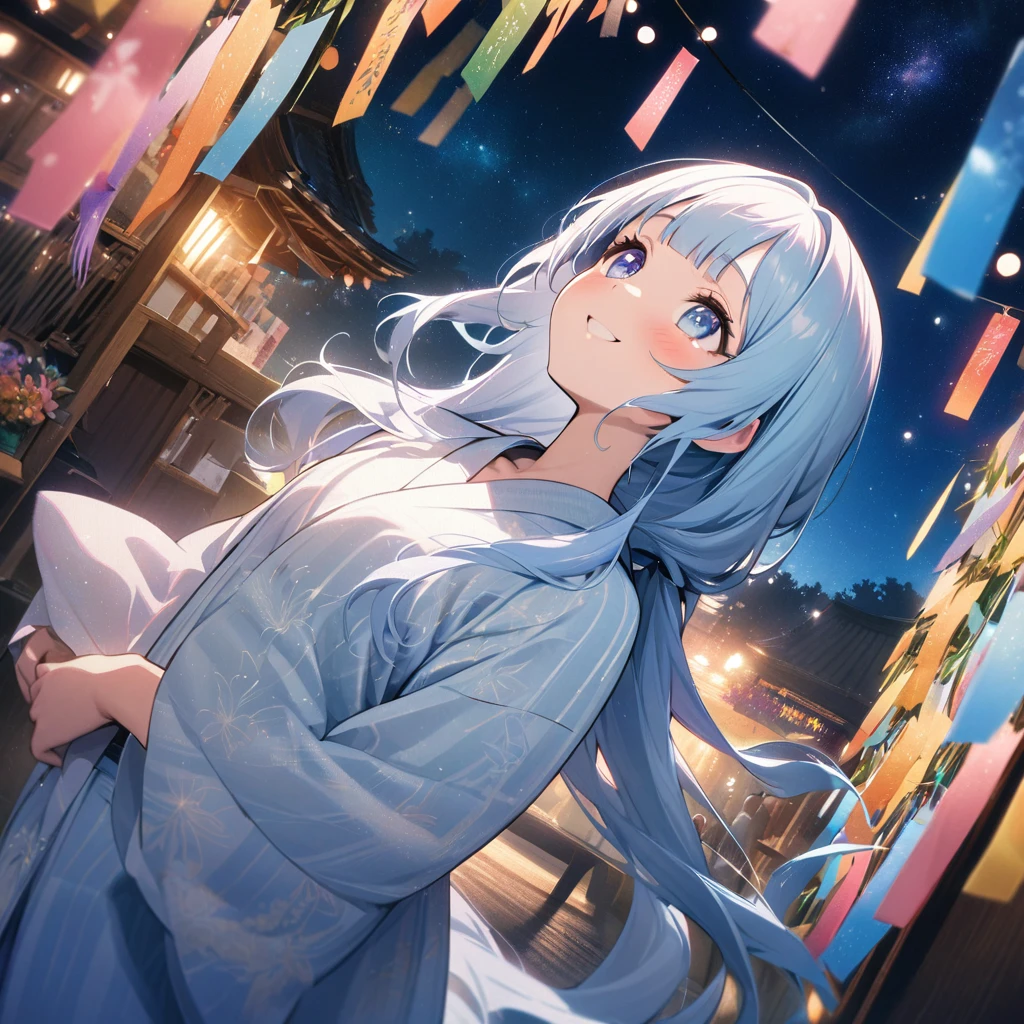 masterpiece, best quality, extremely detailed, (illustration, official art:1.1), 1 girl ,(((( light blue long hair)))), ,(((( light blue long hair)))),light blue hair, long hair ((blush)) , cute face, big eyes, masterpiece, best quality,(((((a very delicate and beautiful girl,))))),Amazing,beautiful detailed eyes,blunt bangs、((((little delicate girl)))),tareme(true beautiful:1.2), sense of depth,dynamic angle, ,flat chest, Tanabata、Top quality, masterpiece, Hikoboshi and Orihime, best smile, looking up at the sky, yukata, Milky Way, night view, Tanabata Festival, large tall bamboos and colorful hanging decoration,gold light particles effect、Starry sky