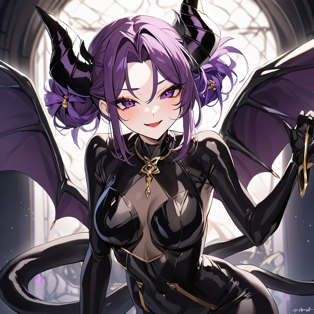 ((Highest quality)), ((masterpiece)), (detailed), （Perfect Face）、The woman is naked and wearing a shiny black full-body bodysuit decorated with gold, the sexy female demon, Devil Queen Shinobu Kochou.、The woman is a female demon with magnificent devil horns, jet black devil wings and a jet black tail. She is looking at the camera with a happy expression on her face. Her name is Kocho Shinobu and she has short purple hair tied back with a butterfly hair accessory and the expression of a girl in love.、The woman is Kocho Shinobu