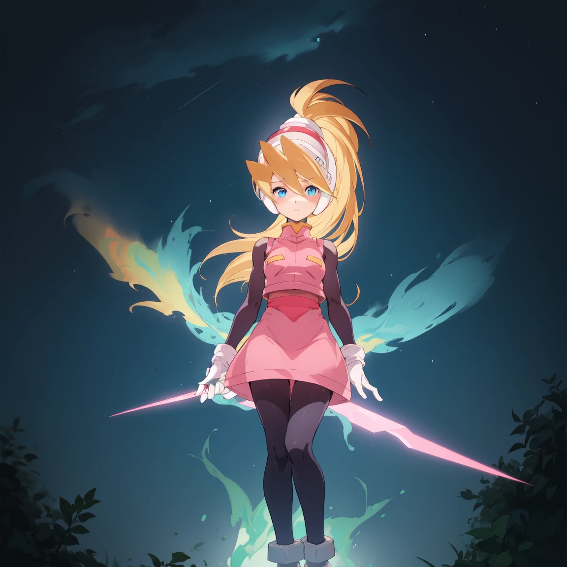 ciel_megamanz, 1girl, solo, long hair, blue eyes, blonde hair, ponytail, headgear, pantyhose, white gloves, pink dress, high quality, masterpiece, standing with green flames coming from a tree