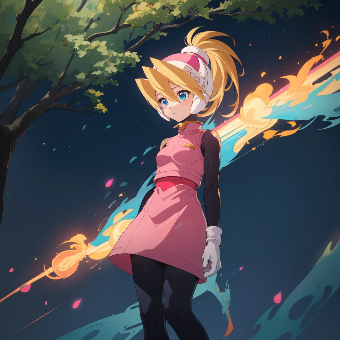 ciel_megamanz, 1girl, solo, long hair, blue eyes, blonde hair, ponytail, headgear, pantyhose, white gloves, pink dress, high quality, masterpiece, standing with green flames coming from a tree