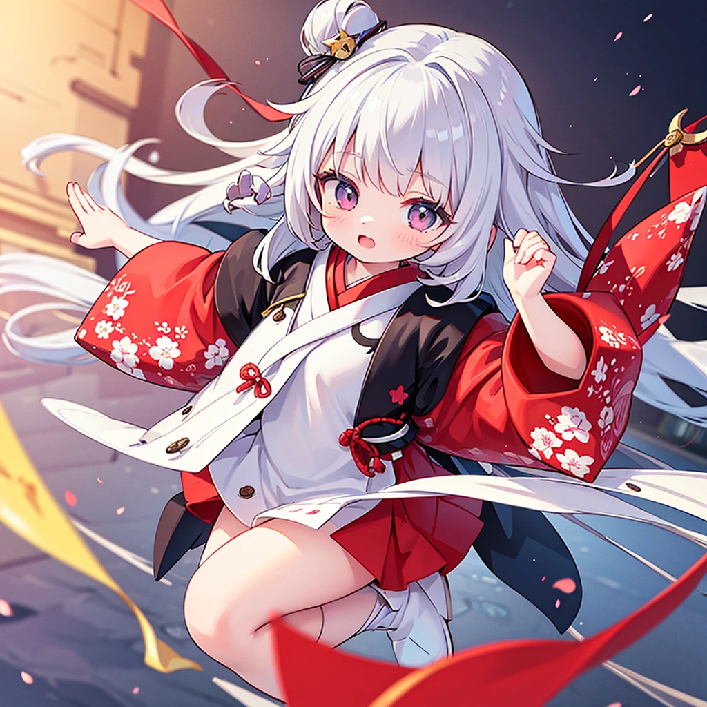 （CG Unity 8K wallpaper with the highest quality and super detail、masterpiece）Japanese 、floating、High resolution、Dynamic Angle、Dynamic pose、Young girl、Silver Hair（1.3）、The red color is eye-catchingly cute