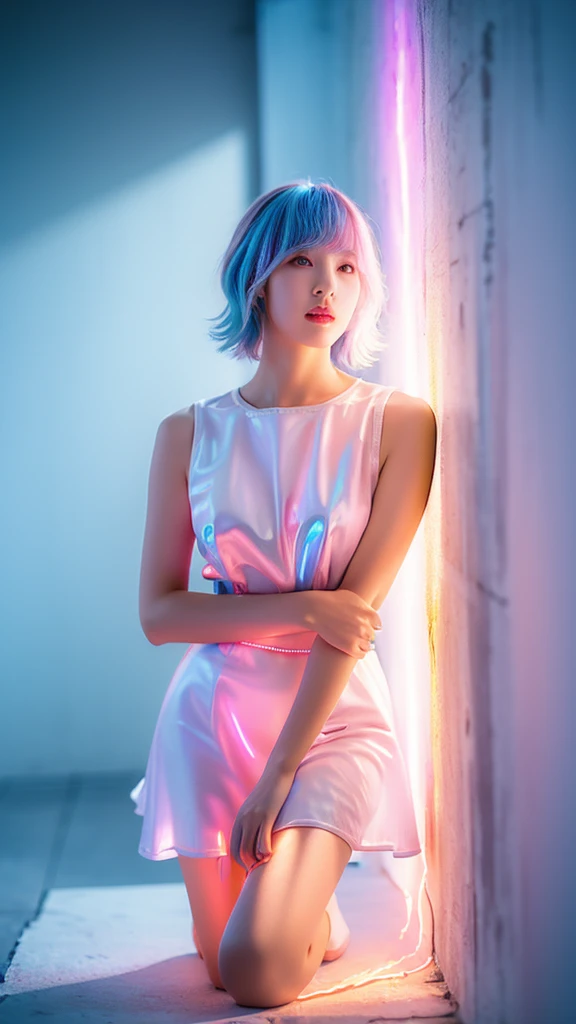 xuer hologram Laser dress, ((Hit the knee)),（masterpiece、Highest quality、High resolution），((practical)),（Colored Background)，（Splashes of color），pretty girl，Light Blue and white long hair，(Light blue, Pink Hair)，curl，The Shining，((Visible cracks)), ((Type I Valley)), ((E Cup)), Red and pink lips，large crack，Splashes of color，Volumetric lighting，Ample breasts, Graceful posture, Sexy thin legs