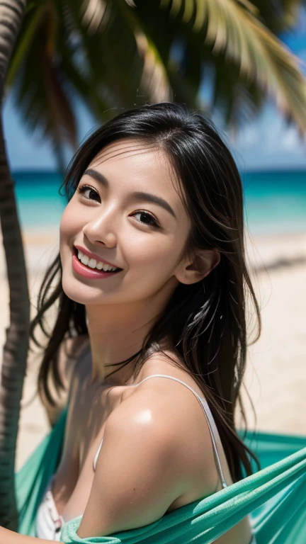 (highest quality,masterpiece:1.3,ultra high resolution),(Super detailed,caustics),(realistic:1.4,RAW shooting),(Vibrant color saturation),1 girl,25 years old、smiling、Blurred background,Ocean、light up、resort、hammock、looking up at the camera、Hawaiian-ish、Idol