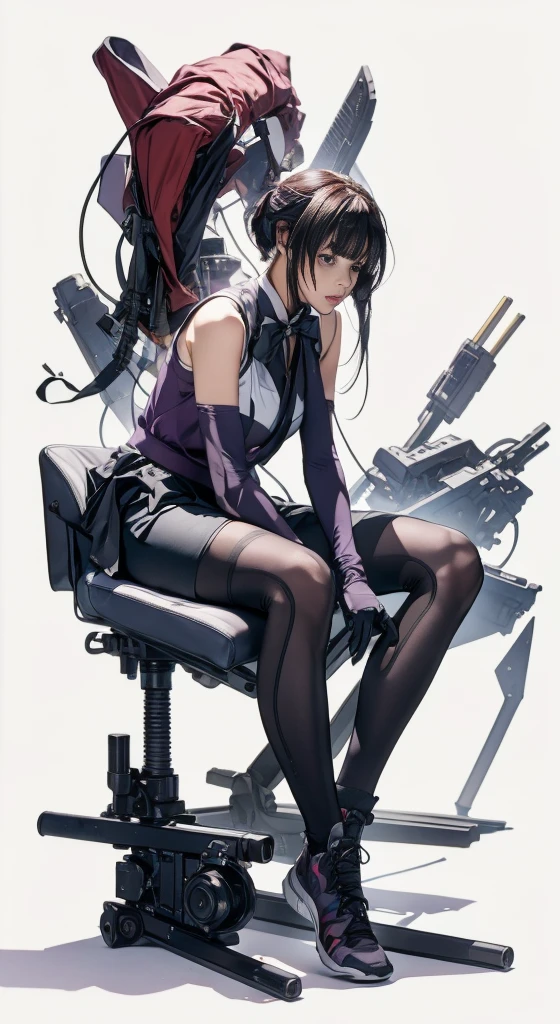 Elaizaikedareal, 1girl, solo, short hair, skirt, shirt, gloves, white background, bow, holding, , purple eyes, white shirt, weapon, purple hair, pleated skirt, shoes, black gloves, socks, bowtie, holding weapon, gun, sneakers, holding gun, armband, rifle, grey skirt, headset, assault rifle, grey gloves, load bearing vest