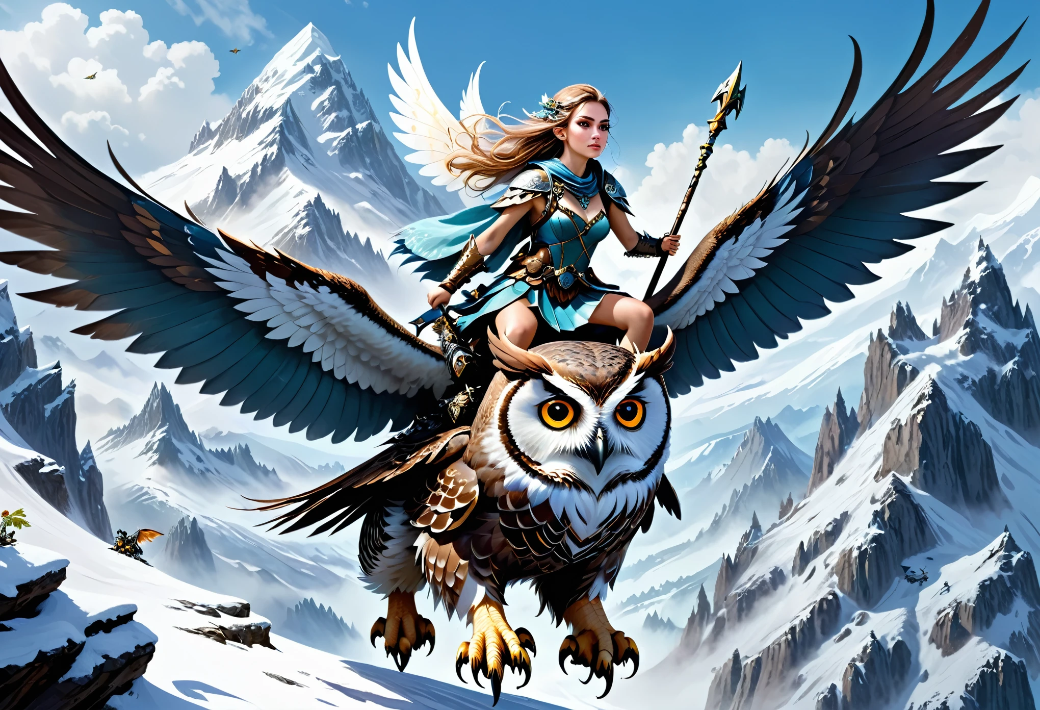 hyper-realistic digital painting, very detailed faces, fae aesthetic, a small mountain fairy flying on the back of a giant owl, snowy mountain scene, riding to war, armed with a warhammer