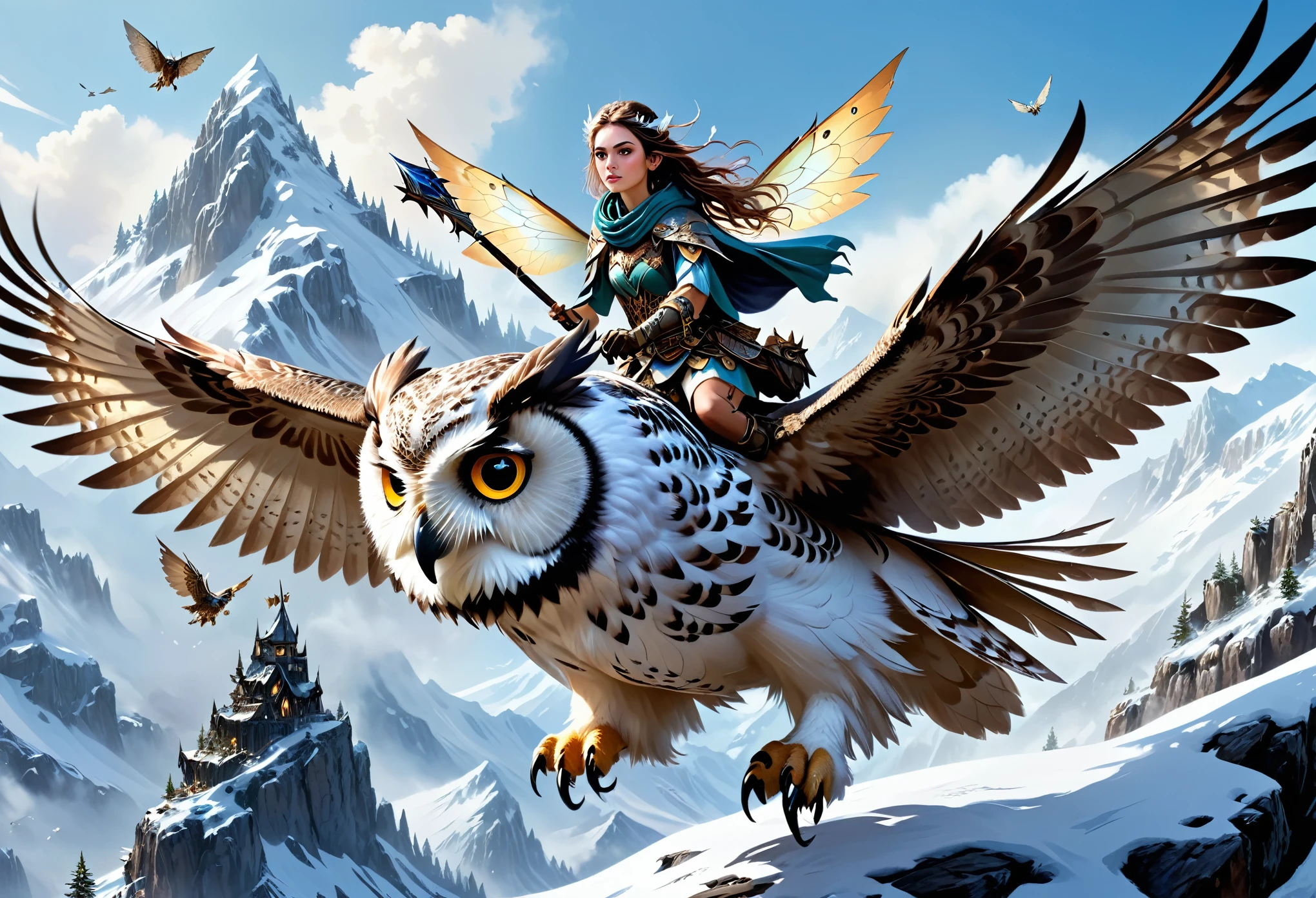 hyper-realistic digital painting, very detailed faces, fae aesthetic, a small mountain fairy flying on the back of a giant owl, snowy mountain scene, riding to war, armed with a warhammer