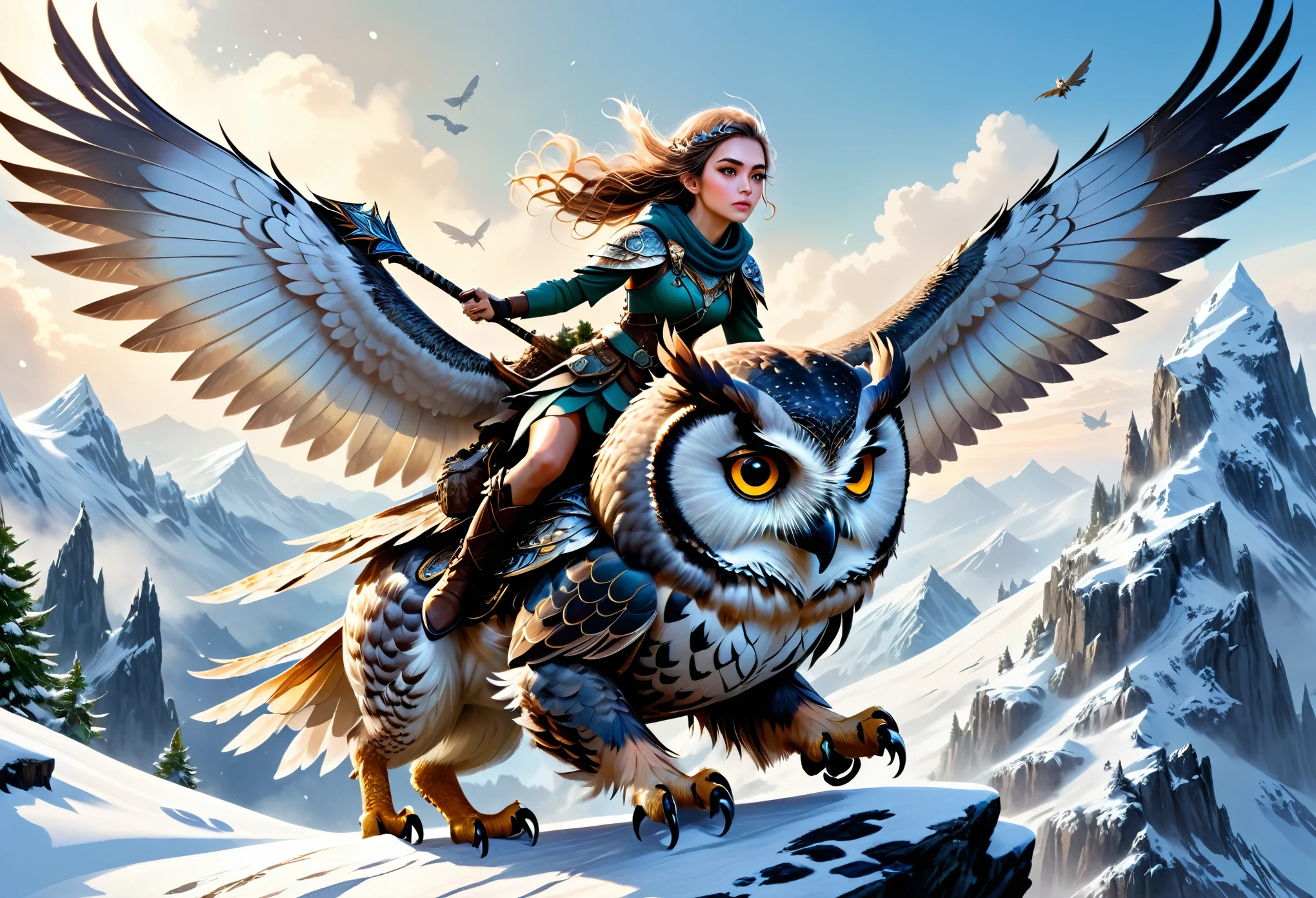 hyper-realistic digital painting, very detailed faces, fae aesthetic, a small mountain fairy flying on the back of a giant owl, snowy mountain scene, riding to war, armed with a warhammer