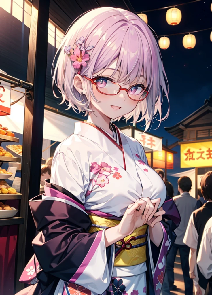 akaneshinjou, akane shinjou, cabello morado claro, (Ojos rosados:1.2), happy sonrisas, adorno de pelo de flores,sonrisa, abre la boca,cabello corto,Gafas con montura roja,pechos grandes,kimono morado,Mangas gruesas,Festivales japoneses,Puestos de comida del festival de verano.,Red lantern,Fuegos artificiales,場所はFuegos artificiales大会、el tiempo es noche,Están de pie,todo el cuerpoがイラストの中に入っていくように,
descanso mirando al espectador, todo el cuerpo, 　　　　　　　　romper en el interior, habitación,　　　　　　　　　　 　　　break (obra maestra:1.2), de la máxima calidad, Alta resolución, fondo de pantalla de unidad 8k, (forma:0.8), (Bellos y bellos ojos:1.6), Cara muy detallada, Iluminación perfecta, CG muy detallado, (manos perfectas, anatomía perfecta),