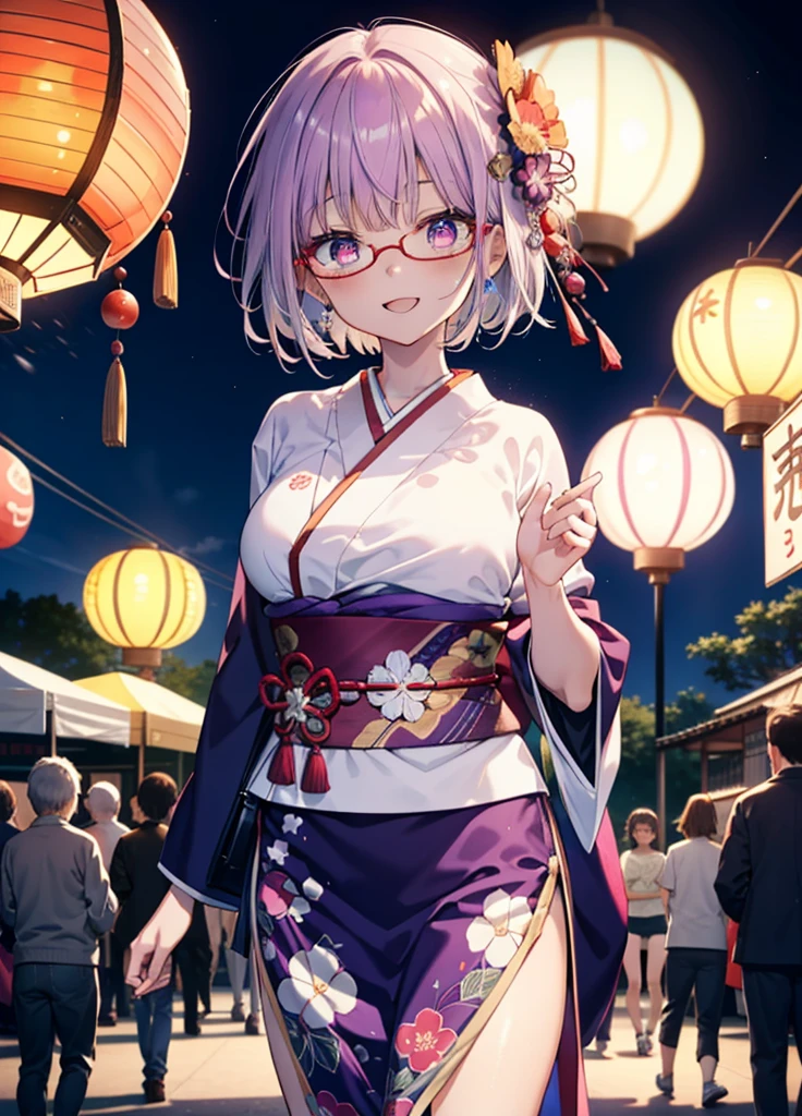 akaneshinjou, akane shinjou, cabello morado claro, (Ojos rosados:1.2), happy sonrisas, adorno de pelo de flores,sonrisa, abre la boca,cabello corto,Gafas con montura roja,pechos grandes,kimono morado,Mangas gruesas,Festivales japoneses,Puestos de comida del festival de verano.,Red lantern,Fuegos artificiales,場所はFuegos artificiales大会、el tiempo es noche,Están de pie,todo el cuerpoがイラストの中に入っていくように,
descanso mirando al espectador, todo el cuerpo, 　　　　　　　　romper en el interior, habitación,　　　　　　　　　　 　　　break (obra maestra:1.2), de la máxima calidad, Alta resolución, fondo de pantalla de unidad 8k, (forma:0.8), (Bellos y bellos ojos:1.6), Cara muy detallada, Iluminación perfecta, CG muy detallado, (manos perfectas, anatomía perfecta),