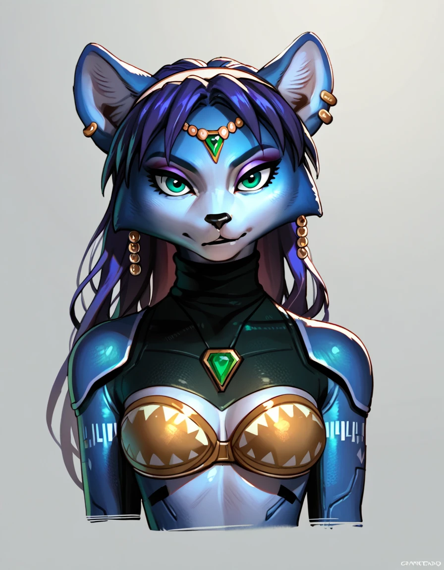 score_9, score_8_up, score_7_up, score_6_up, score_5_up, score_4_up, Krystal swift, violet hair, hair, long hair, purple eyeliner, brown futuristic bra suit, silver circlet, green gemstone, ear piercing, gritty, dark, rating_questionable
