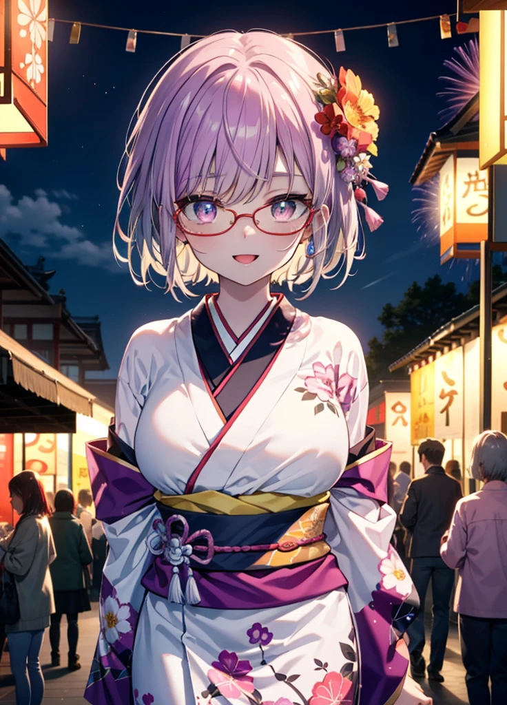 akaneshinjou, shinjou akane, hellviolette Haare, (rosa Augen:1.2), happy lächelns, Blumen Haarschmuck,lächeln, Öffne deinen Mund,Kurzes Haar,rot umrandete Brille,große Brüste,Lila Kimono,Dicke Ärmel,Japanische Festivals,Essensstände beim Sommerfest,Rote Laterne,Feuerwerk,場所はFeuerwerk大会、Die Zeit ist Nacht,Stehen,ganzer Körperがイラストの中に入っていくように,
brechen looking at viewer, ganzer Körper, 　　　　　　　　brechen indoors, Zimmer,　　　　　　　　　　 　　　brechen (Meisterwerk:1.2), höchste Qualität, Hohe Auflösung, Einheit 8k Hintergrundbild, (Form:0.8), (Schöne und schöne Augen:1.6), sehr detailliertes Gesicht, Perfekte Beleuchtung, Hochdetaillierte CG, (perfekte Hände, Perfekte Anatomie),