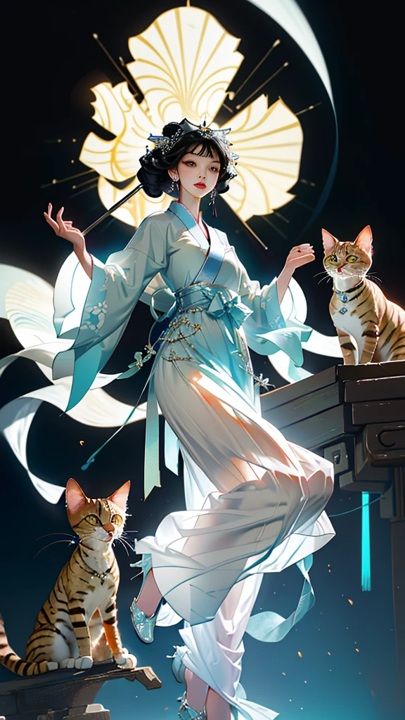 SeaArt-Bot Txt2Img Standard 11:33:33  
((Masterpiece)),(Best Quality), (Cinematic),(Extremely detailed CG Unity 8k wallpaper),1girl, fit,Delicious company,revealing clothes, intricate outfit,fit, small breasts,very long black hair,big cat eyes,one Stunning hanfu shapeshifter cat girl(bakenekon, nekomata)with a beautifully designed fine and perfectly fitting hanfu clothing with georgeous patterns and also transparent flowing fabric. she is dancing in front of plain graphic japanese background. her hands are very graceful presenting a fan. cat ear, vampy fang,cateyes, white devon rex cat, eine Ganzkörperaufnahme, die Tradition und Moderne verbindet 