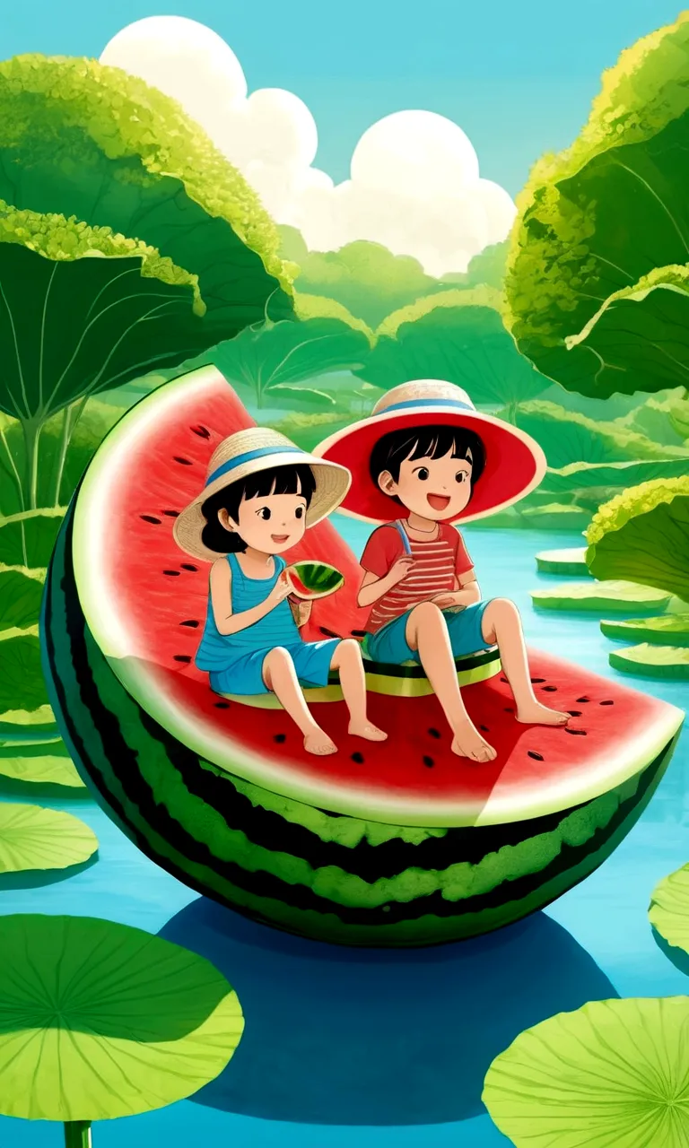 Hot summer，Two children sitting on a giant watermelon-shaped boat，Back，Wear a sun hat，Fundo verde claro，Summer elements，Lotus Po...