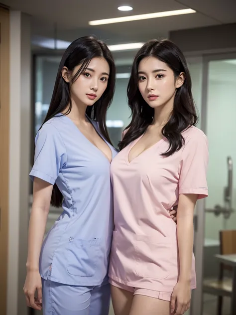 Two women wear scrubs together.,black hair,Smooth white skin,Big tits ,realistically,realistic