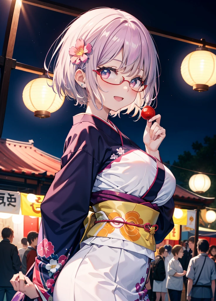 akaneshinjou, shinjou akane, hellviolette Haare, (rosa Augen:1.2), happy lächelns, Blumen Haarschmuck,lächeln, Öffne deinen Mund,Kurzes Haar,rot umrandete Brille,große Brüste,Lila Kimono,Dicke Ärmel,Japanische Festivals,Essensstände beim Sommerfest,Rote Laterne,Feuerwerk,場所はFeuerwerk大会、Die Zeit ist Nacht,Stehen,ganzer Körperがイラストの中に入っていくように,
brechen looking at viewer, ganzer Körper, 　　　　　　　　brechen indoors, Zimmer,　　　　　　　　　　 　　　brechen (Meisterwerk:1.2), höchste Qualität, Hohe Auflösung, Einheit 8k Hintergrundbild, (Form:0.8), (Schöne und schöne Augen:1.6), sehr detailliertes Gesicht, Perfekte Beleuchtung, Hochdetaillierte CG, (perfekte Hände, Perfekte Anatomie),