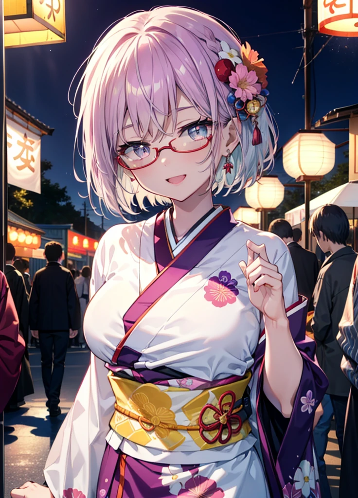 akaneshinjou, akane shinjou, cabello morado claro, (Ojos rosados:1.2), happy sonrisas, adorno de pelo de flores,sonrisa, abre la boca,cabello corto,Gafas con montura roja,pechos grandes,kimono morado,Mangas gruesas,Festivales japoneses,Puestos de comida del festival de verano.,Red lantern,Fuegos artificiales,場所はFuegos artificiales大会、el tiempo es noche,Están de pie,todo el cuerpoがイラストの中に入っていくように,
descanso mirando al espectador, todo el cuerpo, 　　　　　　　　romper en el interior, habitación,　　　　　　　　　　 　　　break (obra maestra:1.2), de la máxima calidad, Alta resolución, fondo de pantalla de unidad 8k, (forma:0.8), (Bellos y bellos ojos:1.6), Cara muy detallada, Iluminación perfecta, CG muy detallado, (manos perfectas, anatomía perfecta),