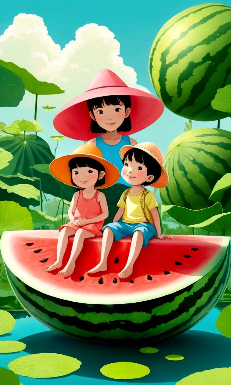 Vision，Hot summer，Two children sitting on a giant watermelon-shaped boat，Back，Wear a sun hat，Fundo verde claro，Summer elements，Lotus Pond，A hot, sunny day in midsummer，Comic Style，Fresh and beautiful atmosphere