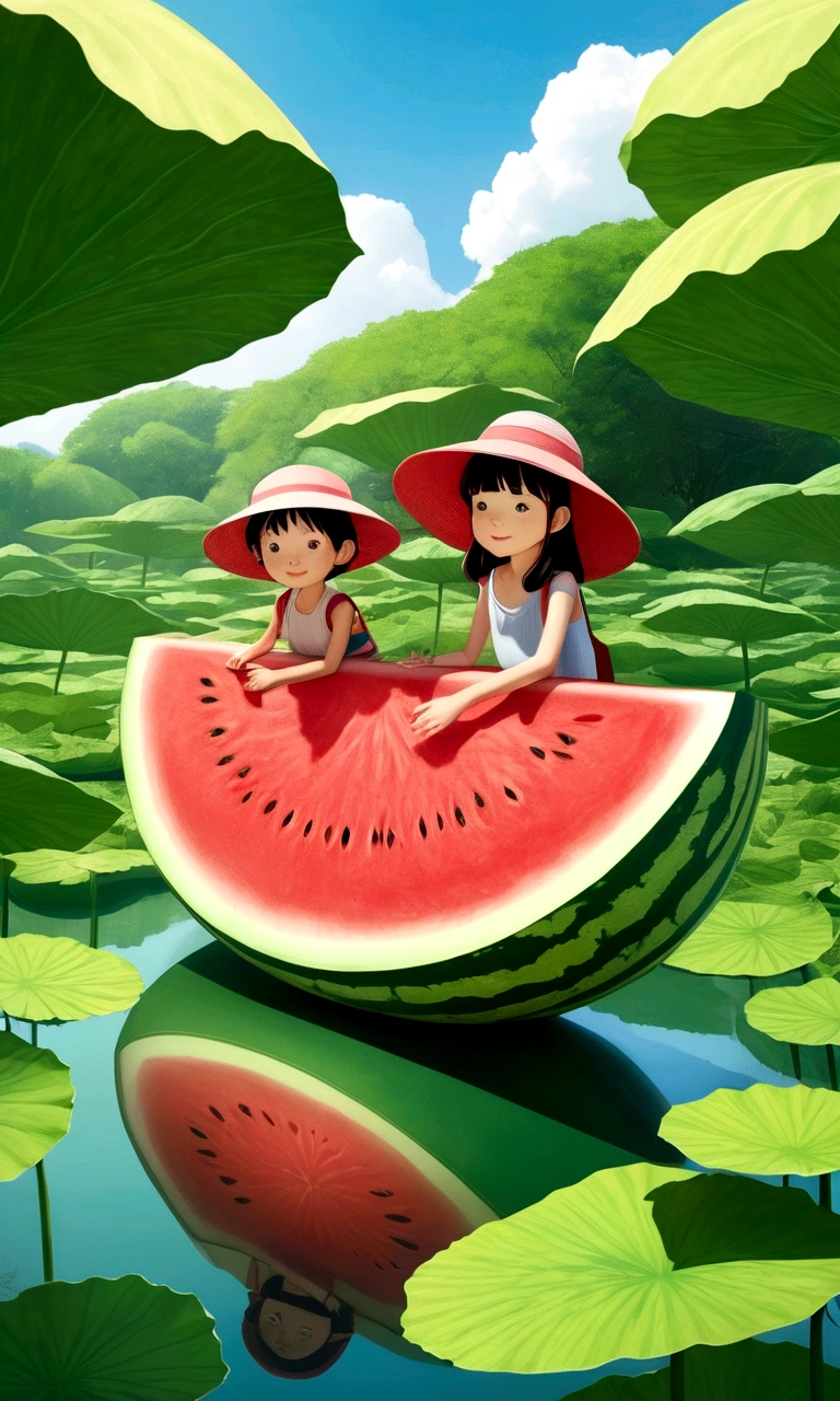 Vision，Hot summer，Two children sitting on a giant watermelon-shaped boat，Back，Wear a sun hat，Fundo verde claro，Summer elements，Lotus Pond，A hot, sunny day in midsummer，Comic Style，Fresh and beautiful atmosphere