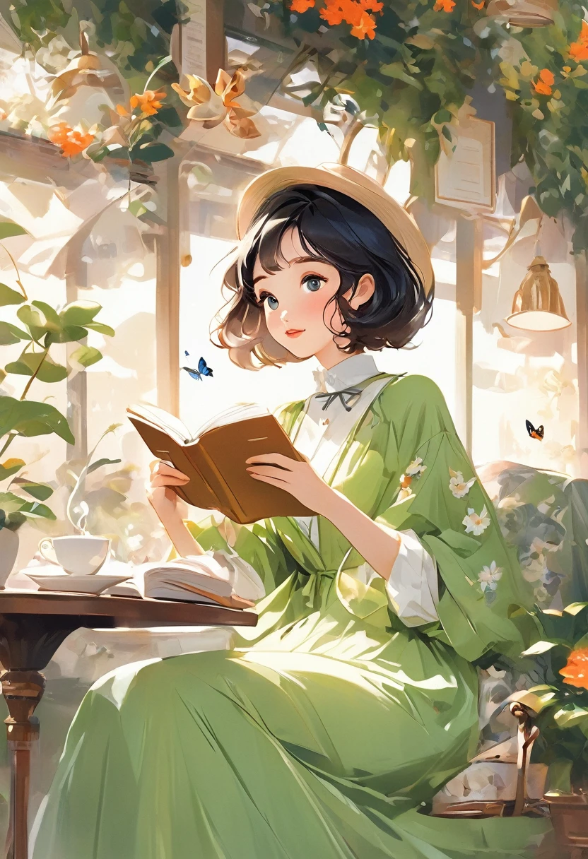 pretty girls，short hair，Exquisite face，Half body，Pure eyes，Butterfly，long eyelashes，Green clothes model：Sweet Girl 4 ,reading a book, coffee shop