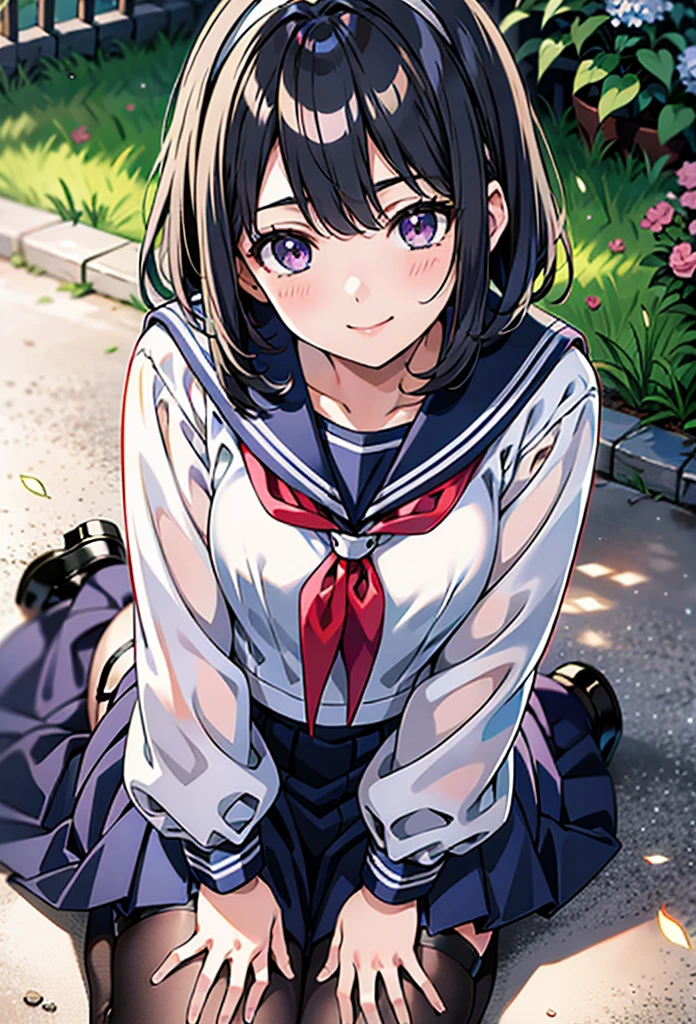 Sailor suit, One Woman, (Beautiful woman, Delicate schoolgirl:1.3), 8K, Highest quality, masterpiece, Very detailed, Ultra-high resolution, Realistic, RAW Photos, Absolute Resolution, Black Hair, Bobcut, face is small compared to body, Very small face, Black Hair, ((紺色のSailor suit)), Navy Blue Skirt, Sailor suitを着た女子高生2D Rendering of Anime, ((White headband)), Small breasts, expensive, Slanted Eyes, Purple eyes, Black Stockings, garter belt, A shy smile, garden, (Thinking pose:1.3), (Top-down position:1.3), Blurred Background,