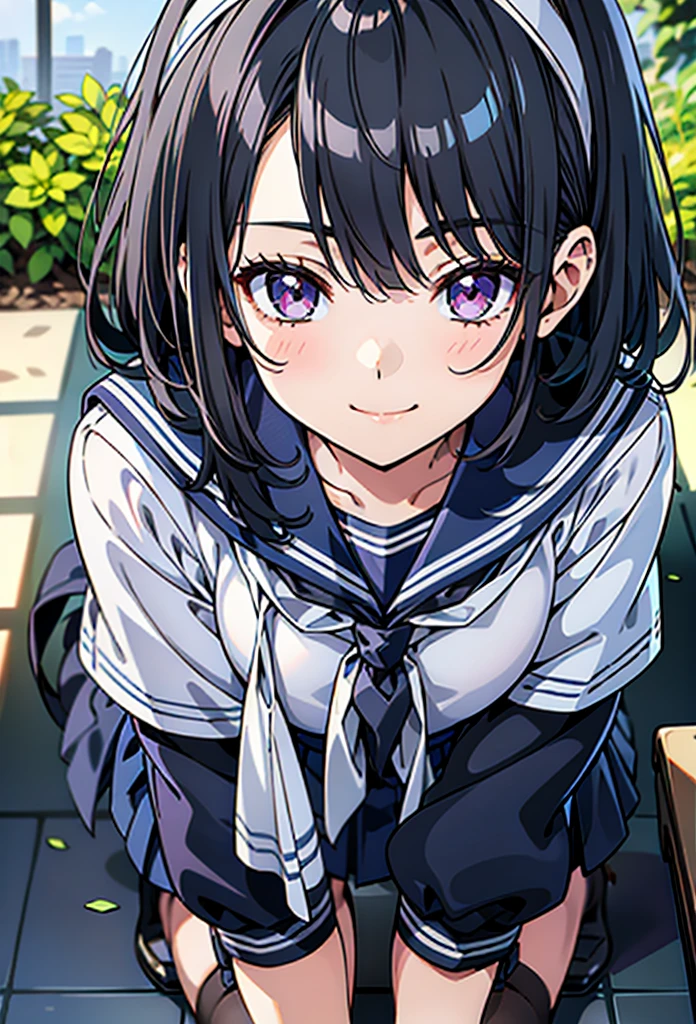 Sailor suit, One Woman, (Beautiful woman, Delicate schoolgirl:1.3), 8k, Highest quality, masterpiece, Very detailed, Ultra-high resolution, Realistic, RAW Photos, Absolute Resolution, Black Hair, Bobcut, face is small compared to body, Very small face, Black Hair, ((Navy blue sailor suit)), Navy Blue Skirt, 2D Rendering of Anime: High school girl wearing a sailor suit, ((White headband)), Small breasts, expensive, Slanted Eyes, Purple eyes, Black Stockings, garter belt, A shy smile, garden, (Thinking pose:1.3), (Top-down position:1.3), Blurred Background,